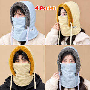 4 Pcs Set- Premium Winter Windproof Hat With Ear Flaps – Ash + Biscuit