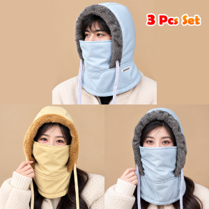 3 Pcs Set- Premium Winter Windproof Hat With Ear Flaps- Ash + Biscuit