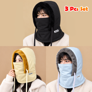 3 Pcs Set- Premium Winter Windproof Hat With Ear Flaps- Black + Ash + Biscuit