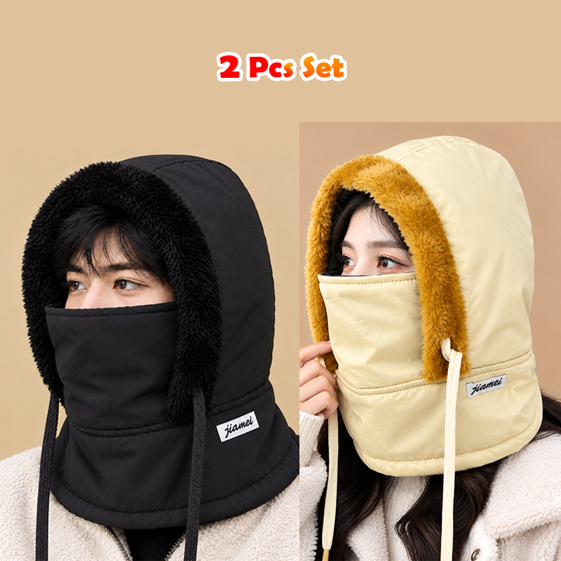 2 Pcs Set- Premium Winter Windproof Hat With Ear Flaps- Black + Biscuit
