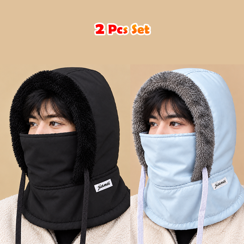 2 Pcs Set- Premium Winter Windproof Hat With Ear Flaps- Black + Ash